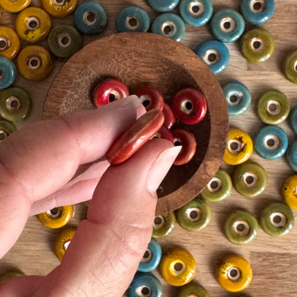 1 x Flat Ceramic Donut Bead | in Red | For Micromacrame, Jewelry &amp; DIYs
