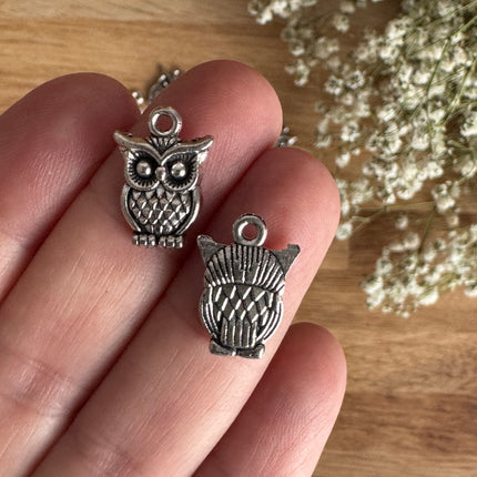 2 x Owl Charms | in Antique Silver | 15 x 10 mm | For Micromacrame, Jewelry &amp; DIYs