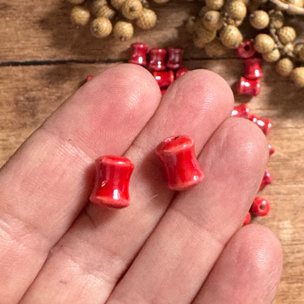 2 x red ceramic tube beads, handmade | For micro macrame, jewelry &amp; DIYs