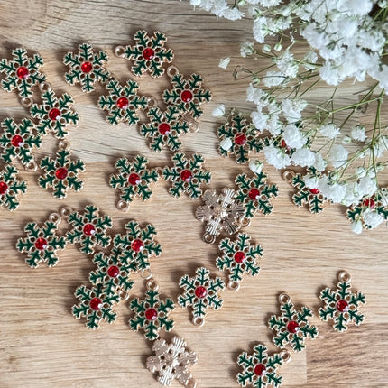 1 x Snowflake pendant with zirconia, gold-green-red, for DIY jewelry - Christmas DIY jewelry