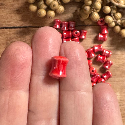 2 x red ceramic tube beads, handmade | For micro macrame, jewelry &amp; DIYs