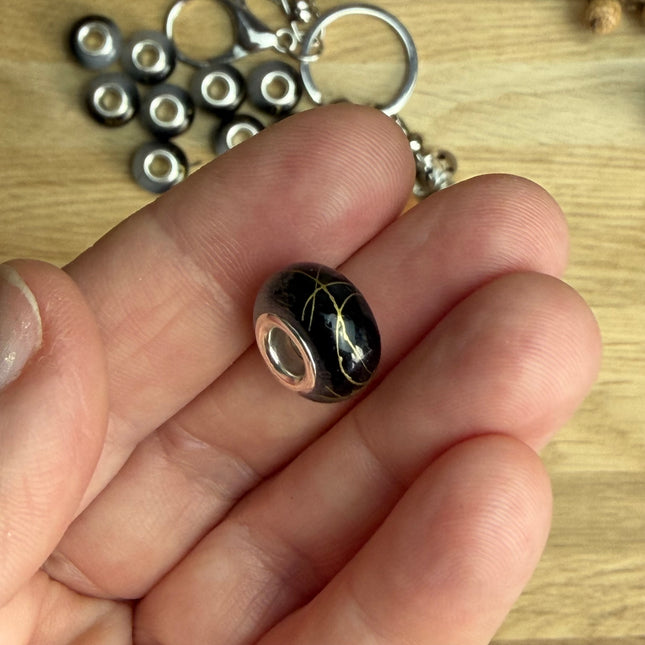 1 x Grau/Schwarz/Goldene Acryl Spacerperle mit großem Loch für DIY Schlüssel- und Taschenanhänger
