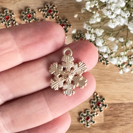 1 x Snowflake pendant with zirconia, gold-green-red, for DIY jewelry - Christmas DIY jewelry