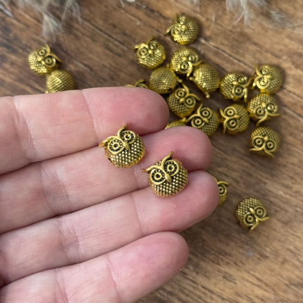 2 x Owl Gold Bead for Jewelry Making Macrame 10 mm