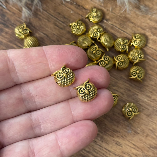 2 x Eule Gold Perle für Schmuckherstellung Makramee 10 mm