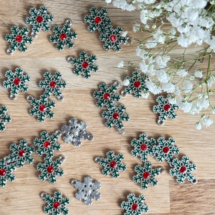 1 x Snowflake pendant with zirconia, silver-green-red, for DIY jewelry - Christmas DIY