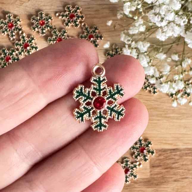 1 x Anhänger Zirkonia Schneeflocke Gold-grün-rot für DIY Schmuck - Weihnachten Schmuck DIY