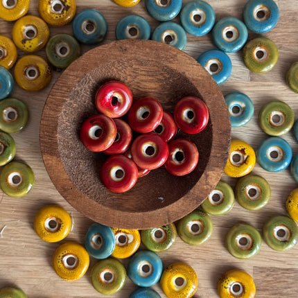 1 x Flat Ceramic Donut Bead | in Red | For Micromacrame, Jewelry &amp; DIYs