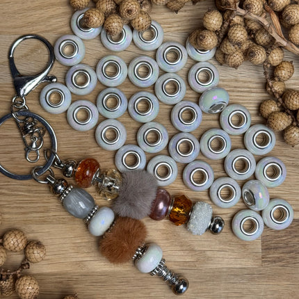 1 x Weiß Perlmutt schimmernd Acryl Spacerperle mit großem Loch für DIY Schlüssel- und Taschenanhänger