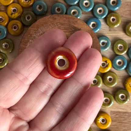 1 x Flat Ceramic Donut Bead | in Red | For Micromacrame, Jewelry &amp; DIYs