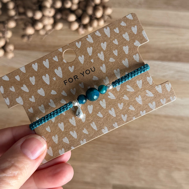 Makramee Armband Tropfen Silber & Edelstein "blaues Tigerauge" - Unikat