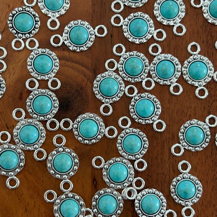 1 x Runder Verbinder mit Cabochon | in Silber & Türkis | 25 x 14 mm | Für Mikromakramee, Schmuck & DIY‘s