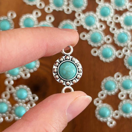 1 x Runder Verbinder mit Cabochon | in Silber & Türkis | 25 x 14 mm | Für Mikromakramee, Schmuck & DIY‘s