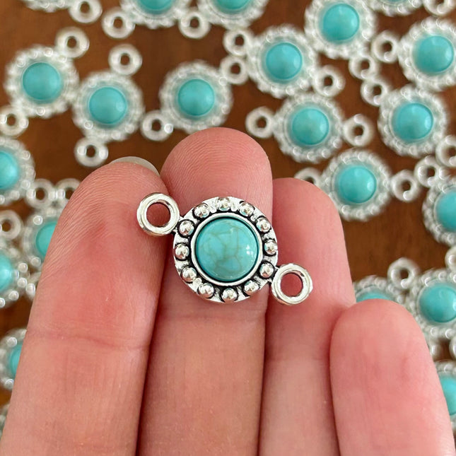 1 x Runder Verbinder mit Cabochon | in Silber & Türkis | 25 x 14 mm | Für Mikromakramee, Schmuck & DIY‘s