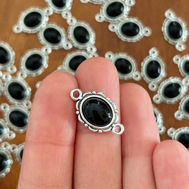 1 x Ovaler Verbinder im Vintage-Look mit Cabochon | in Silber & Schwarz | 20 x 13 mm | Für Mikromakramee, Schmuck & DIY‘s