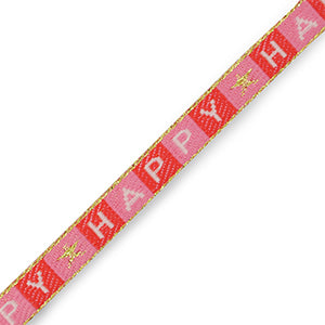 1 x Schmuckband mit "HAPPY" | in Rot-Weiß und Pink | 1 cm x 90 cm Länge | Für Schmuck & DIY‘s